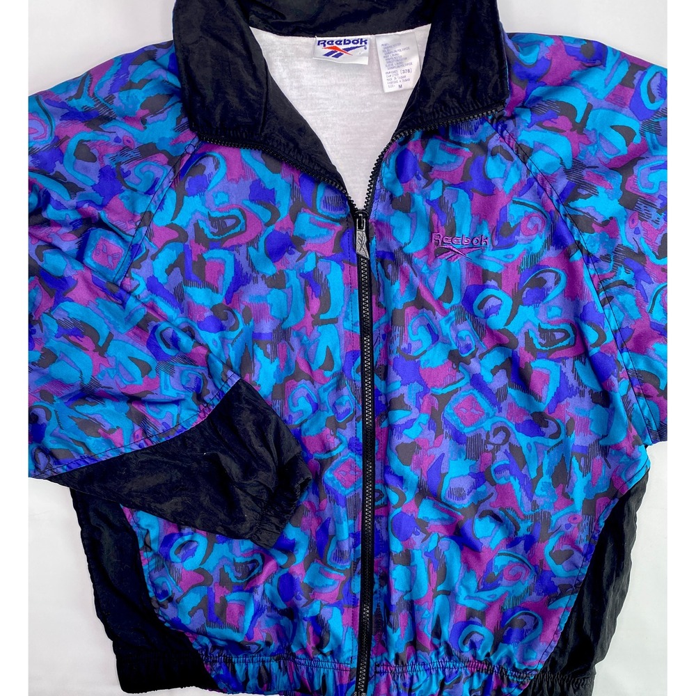 Reebok Windbreaker Jacket Womens M 80s 90s Colorblock Lined Full Zip Top Vintage